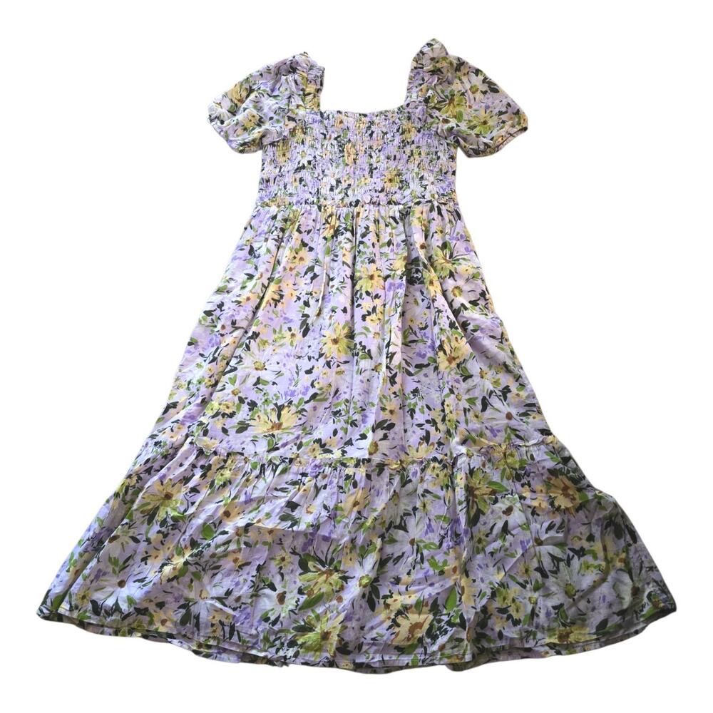 Vineyard Vines Floral Maxi Tiered Puff Sleeve Dress Girl SZ L/16 Purple Yellow